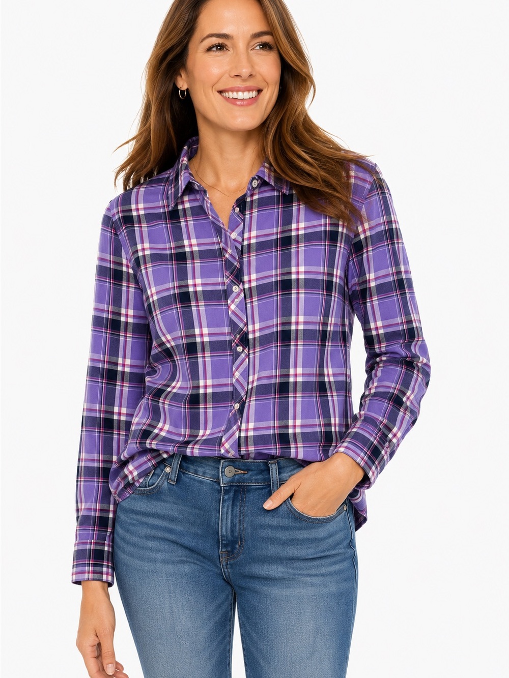 Talbots Purple Plaid 100% Cotton Button Down Shirt Women’s Large